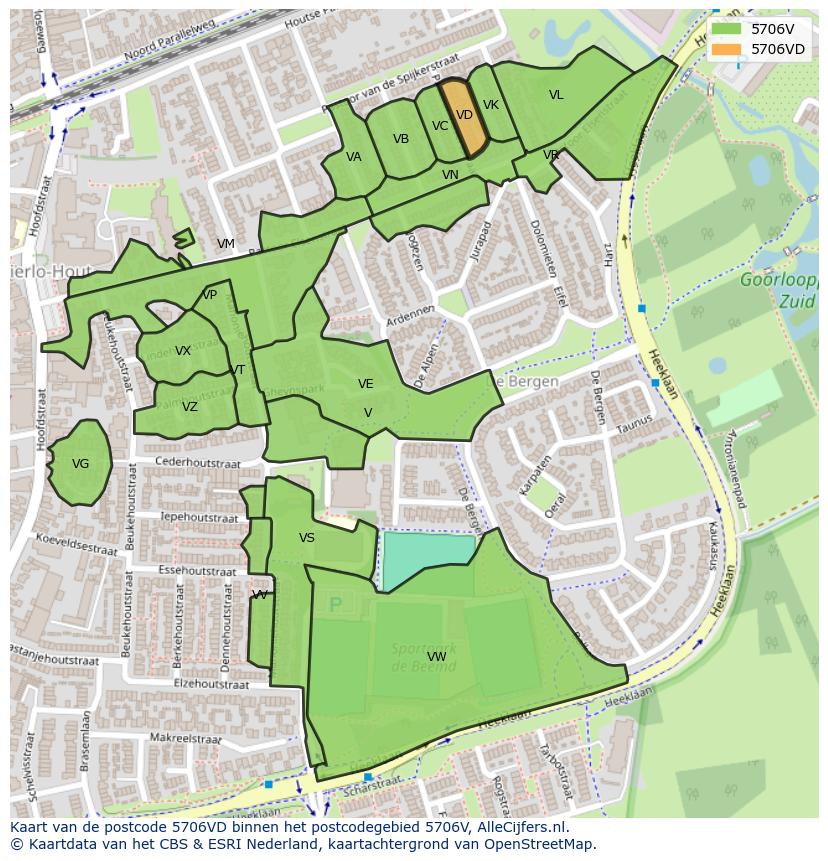 Afbeelding van het postcodegebied 5706 VD op de kaart.