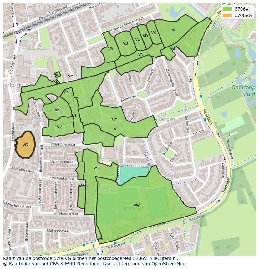 Afbeelding van het postcodegebied 5706 VG op de kaart.