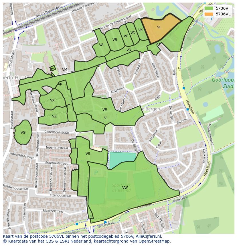 Afbeelding van het postcodegebied 5706 VL op de kaart.