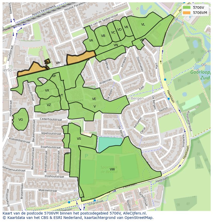 Afbeelding van het postcodegebied 5706 VM op de kaart.