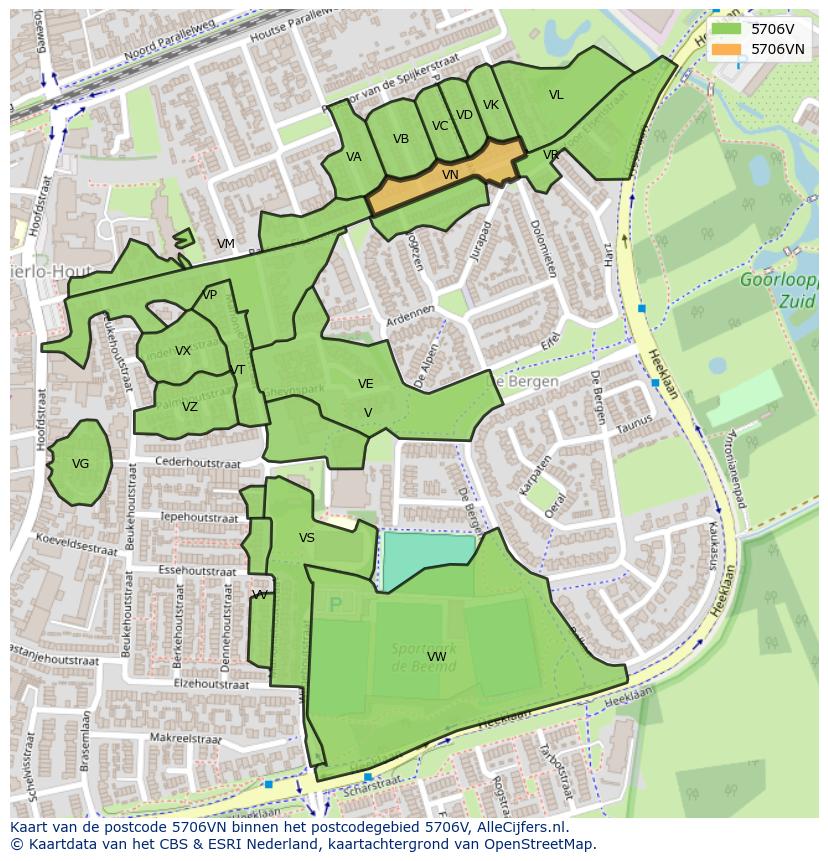 Afbeelding van het postcodegebied 5706 VN op de kaart.
