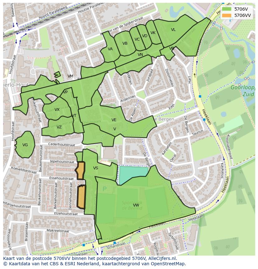 Afbeelding van het postcodegebied 5706 VV op de kaart.