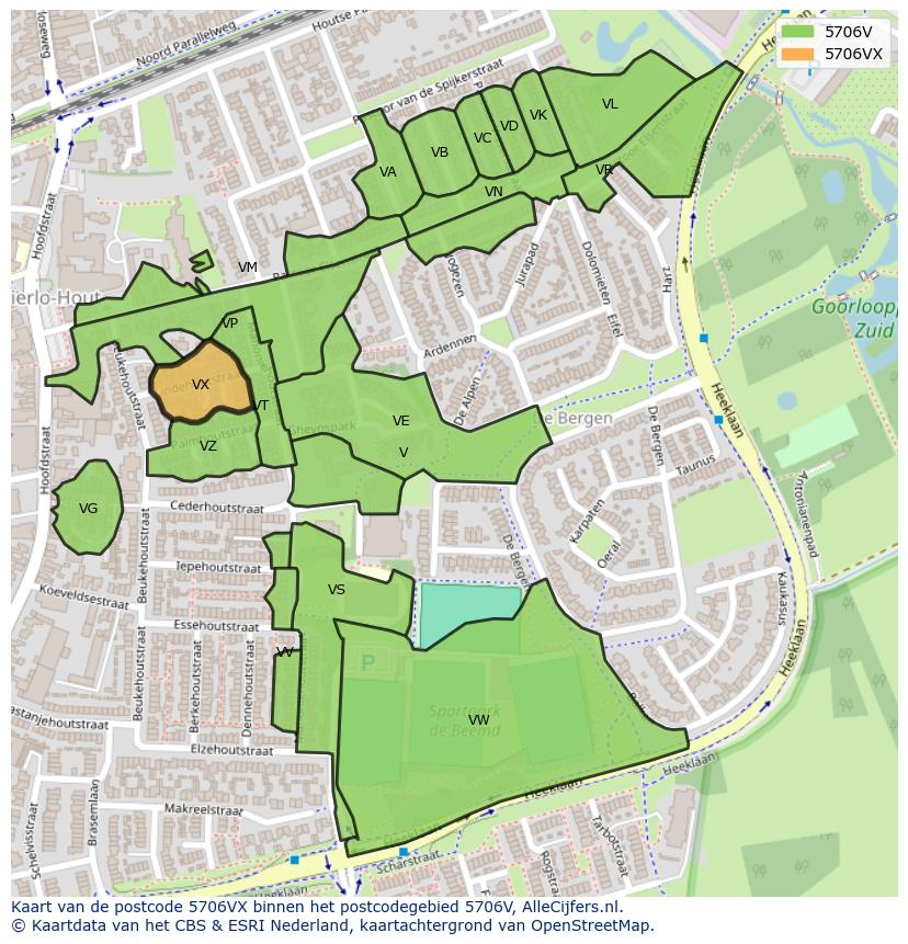 Afbeelding van het postcodegebied 5706 VX op de kaart.