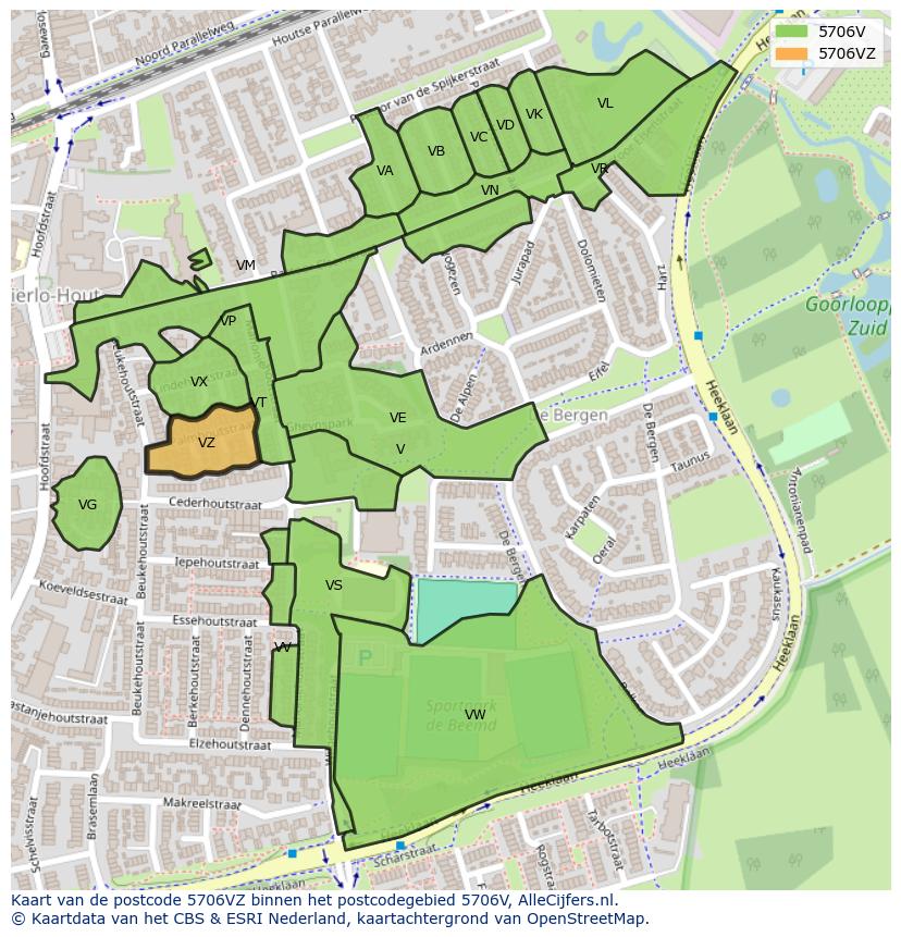 Afbeelding van het postcodegebied 5706 VZ op de kaart.