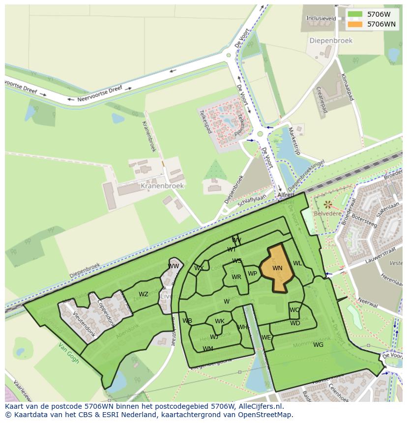 Afbeelding van het postcodegebied 5706 WN op de kaart.