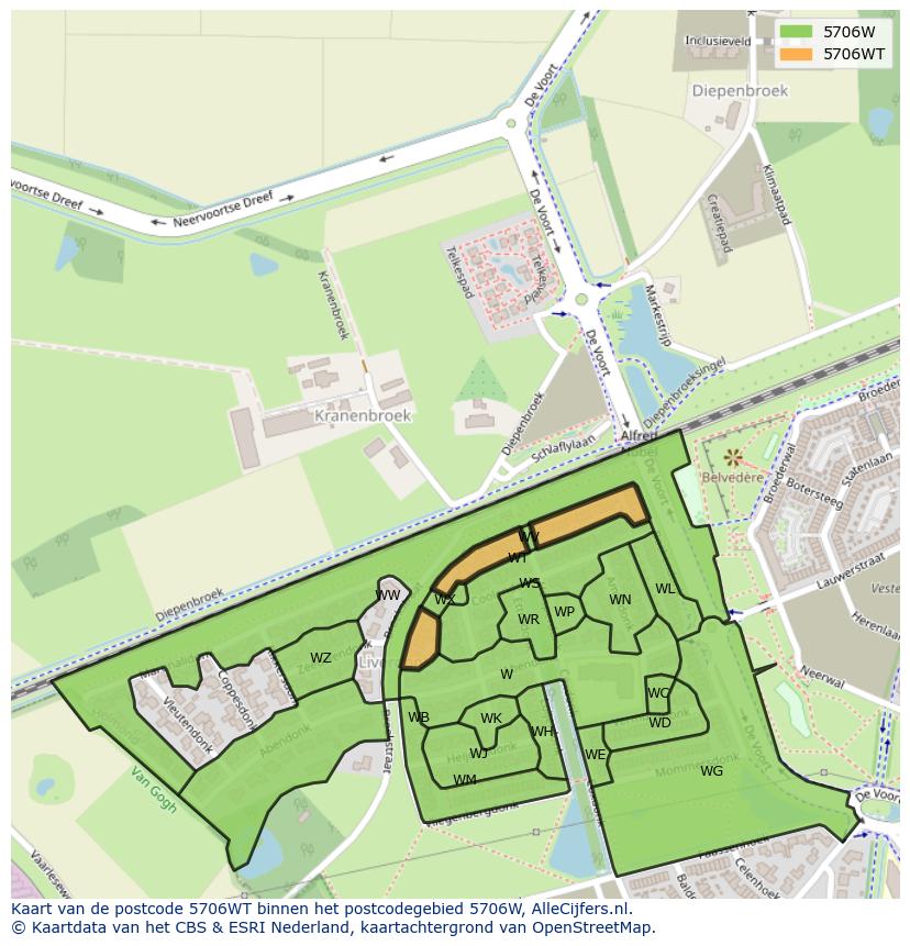 Afbeelding van het postcodegebied 5706 WT op de kaart.