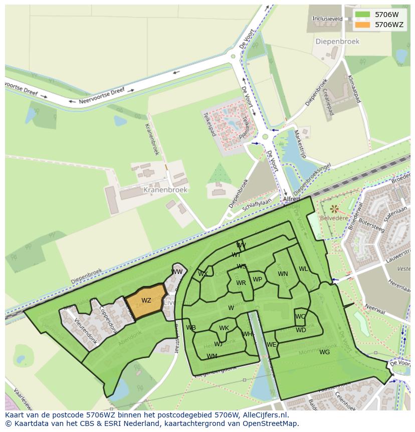 Afbeelding van het postcodegebied 5706 WZ op de kaart.