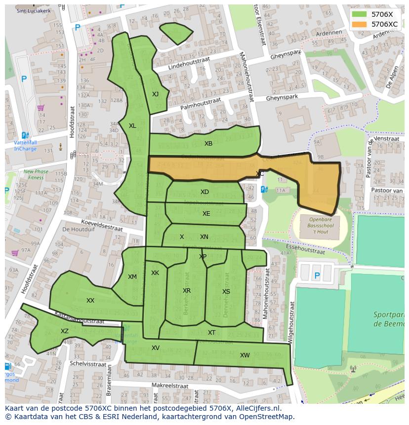 Afbeelding van het postcodegebied 5706 XC op de kaart.