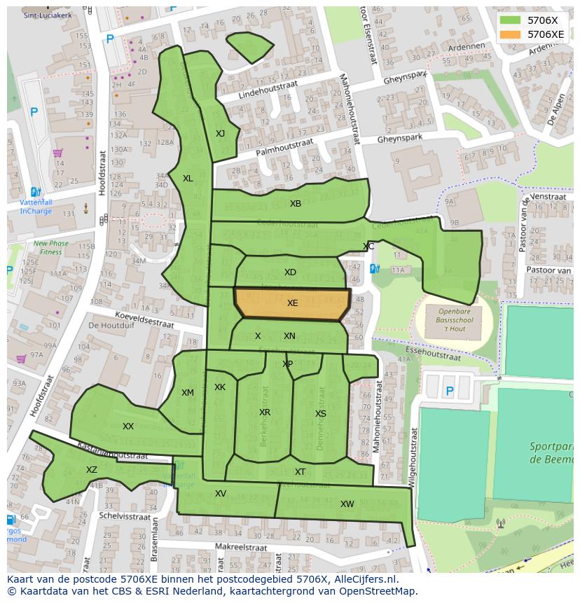 Afbeelding van het postcodegebied 5706 XE op de kaart.