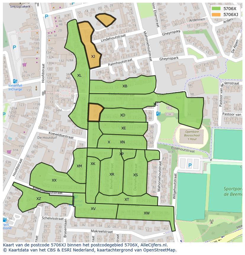 Afbeelding van het postcodegebied 5706 XJ op de kaart.