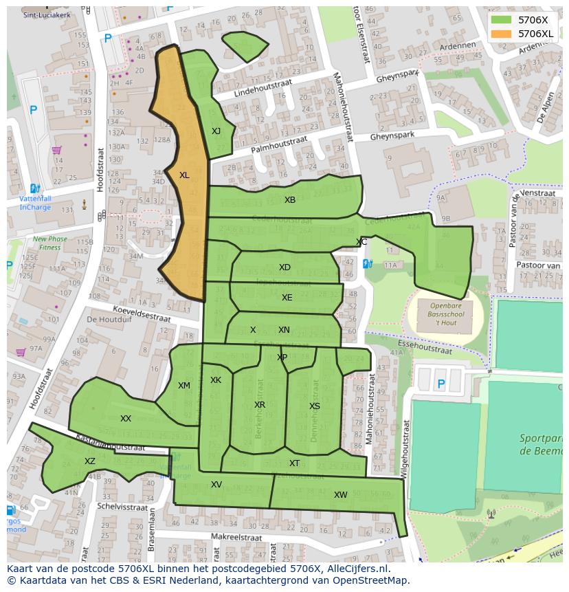 Afbeelding van het postcodegebied 5706 XL op de kaart.