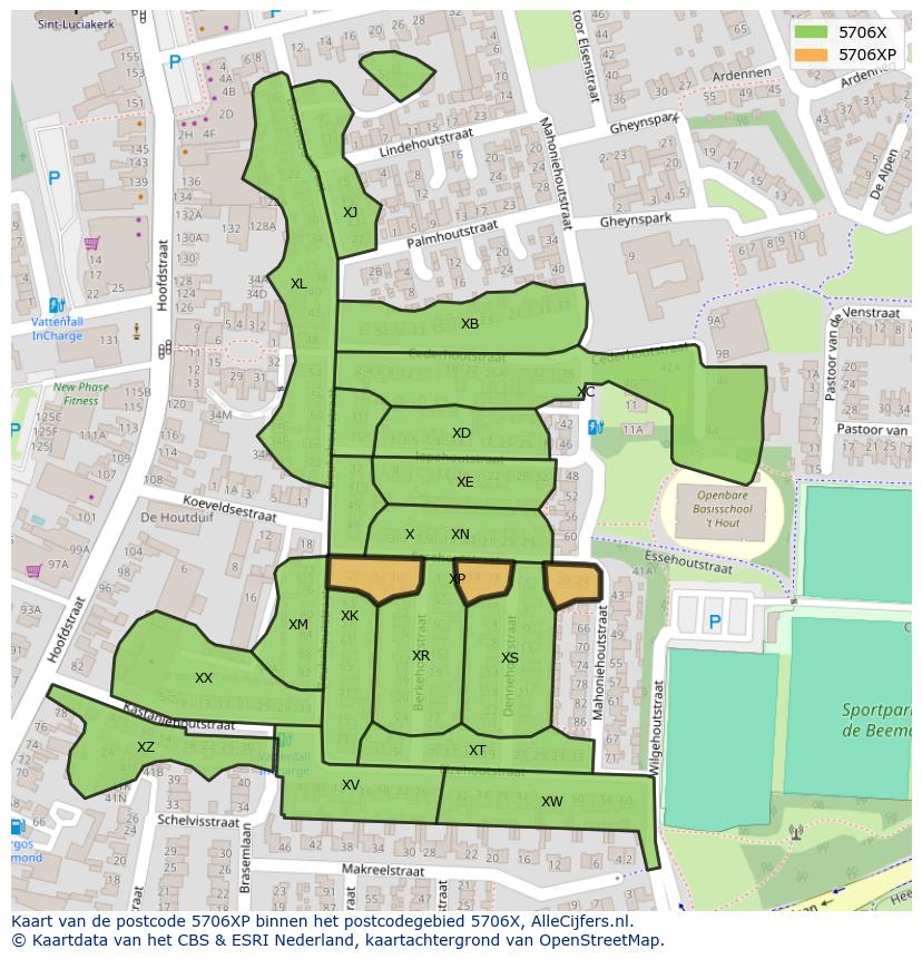 Afbeelding van het postcodegebied 5706 XP op de kaart.