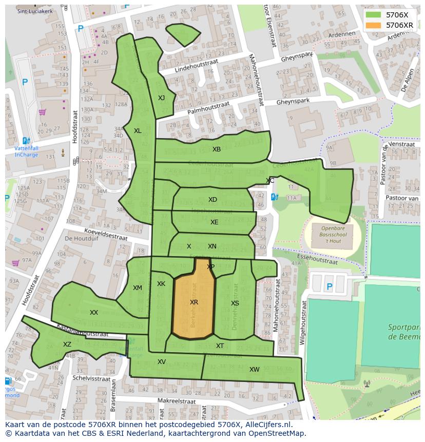 Afbeelding van het postcodegebied 5706 XR op de kaart.