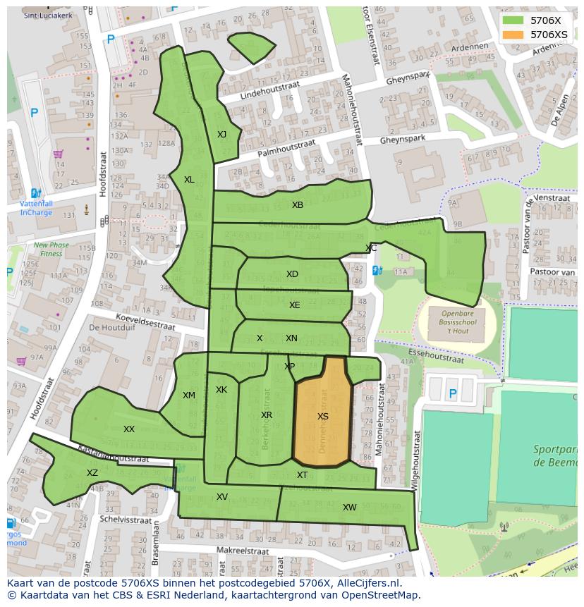 Afbeelding van het postcodegebied 5706 XS op de kaart.