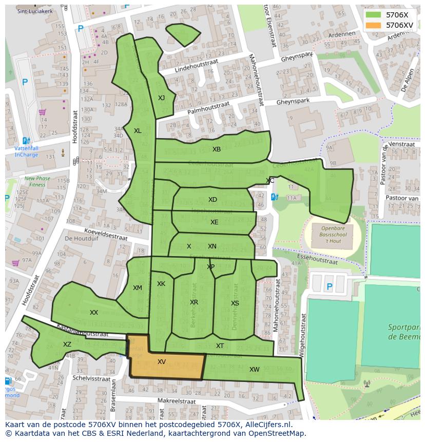 Afbeelding van het postcodegebied 5706 XV op de kaart.