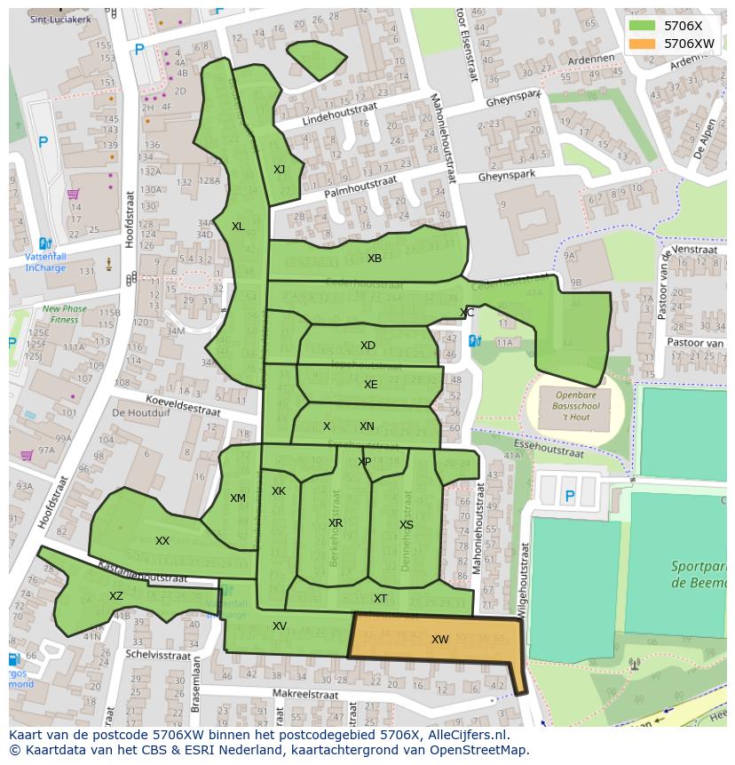 Afbeelding van het postcodegebied 5706 XW op de kaart.