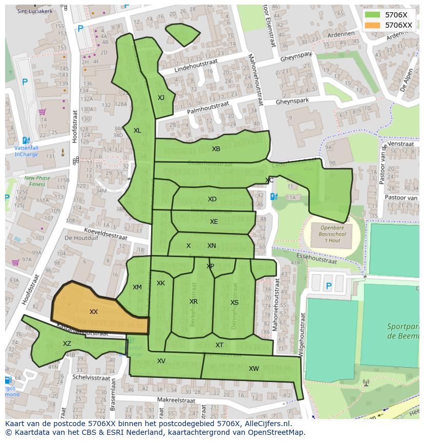 Afbeelding van het postcodegebied 5706 XX op de kaart.