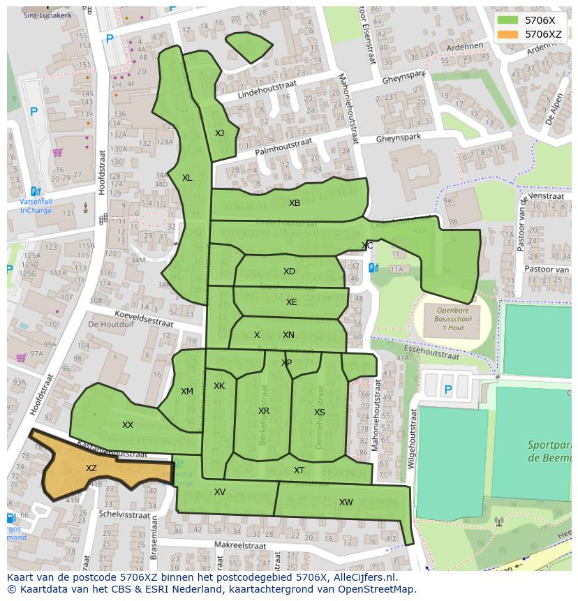 Afbeelding van het postcodegebied 5706 XZ op de kaart.
