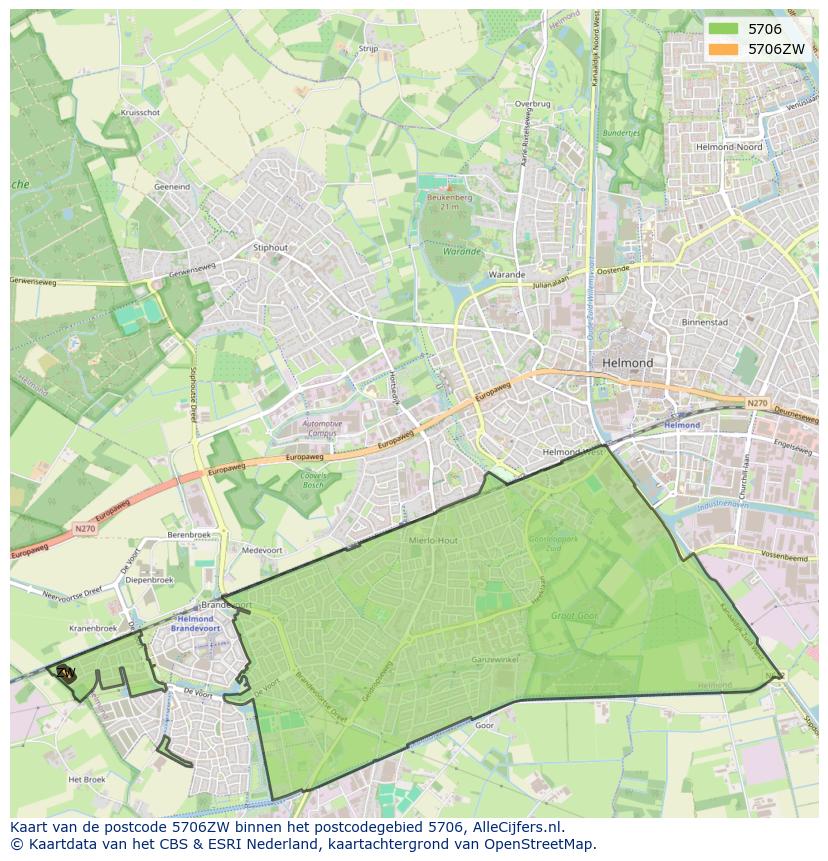 Afbeelding van het postcodegebied 5706 ZW op de kaart.
