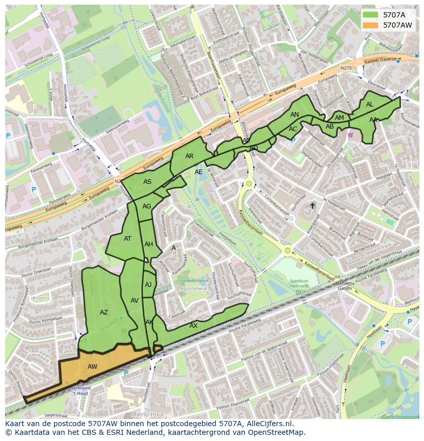 Afbeelding van het postcodegebied 5707 AW op de kaart.