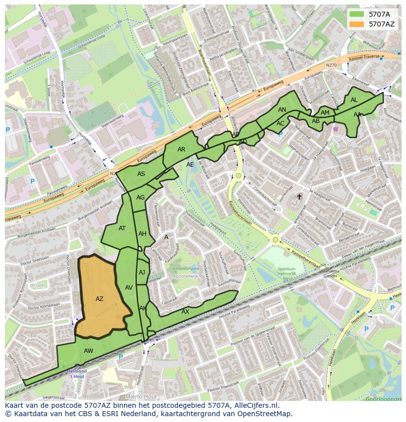 Afbeelding van het postcodegebied 5707 AZ op de kaart.