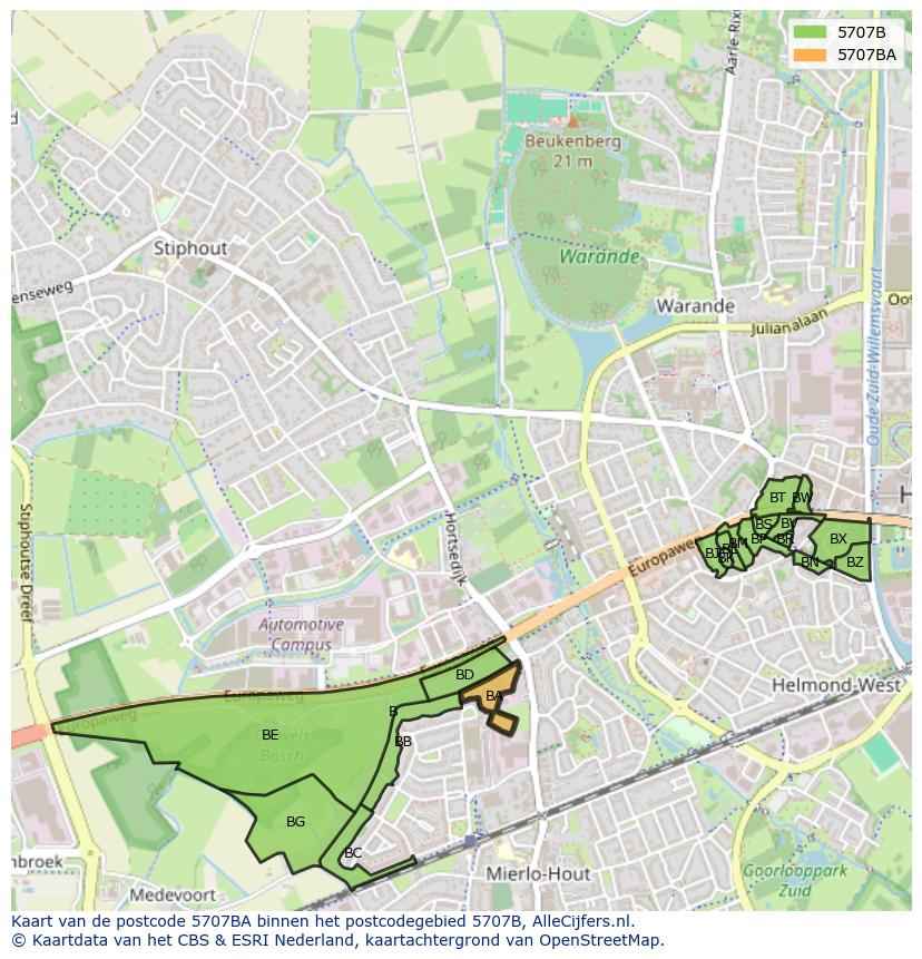 Afbeelding van het postcodegebied 5707 BA op de kaart.
