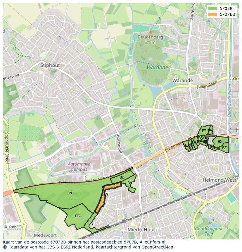 Afbeelding van het postcodegebied 5707 BB op de kaart.