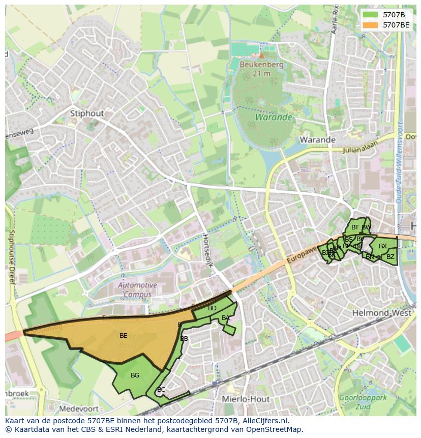 Afbeelding van het postcodegebied 5707 BE op de kaart.