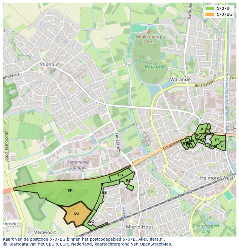 Afbeelding van het postcodegebied 5707 BG op de kaart.