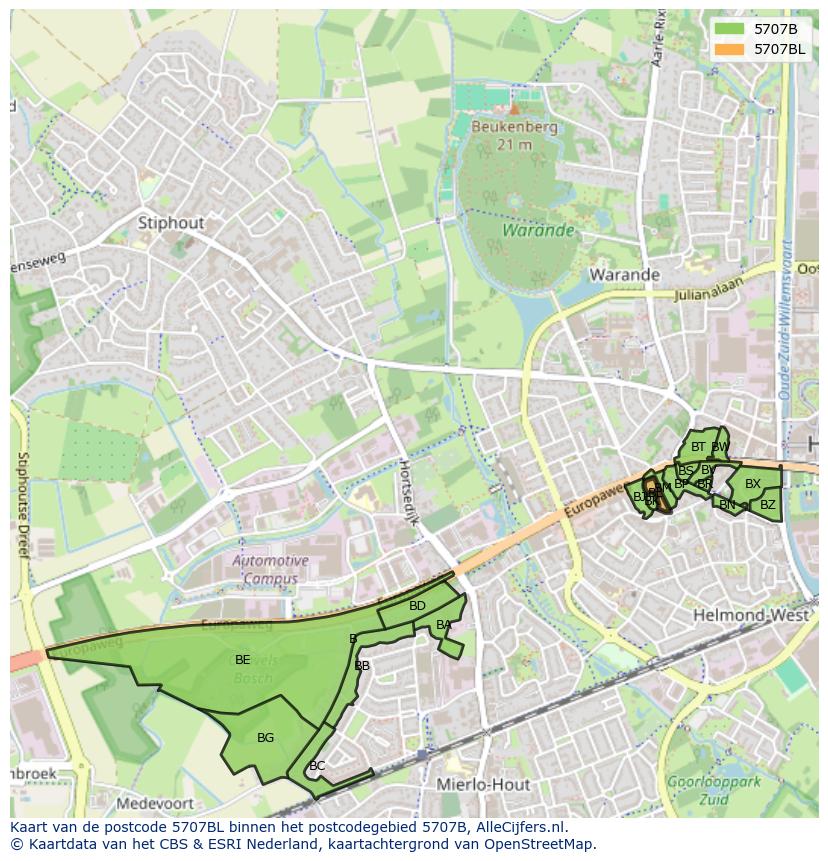 Afbeelding van het postcodegebied 5707 BL op de kaart.