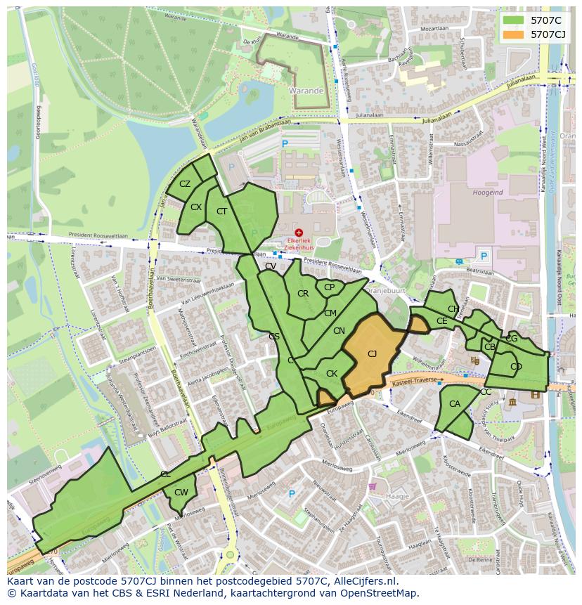 Afbeelding van het postcodegebied 5707 CJ op de kaart.