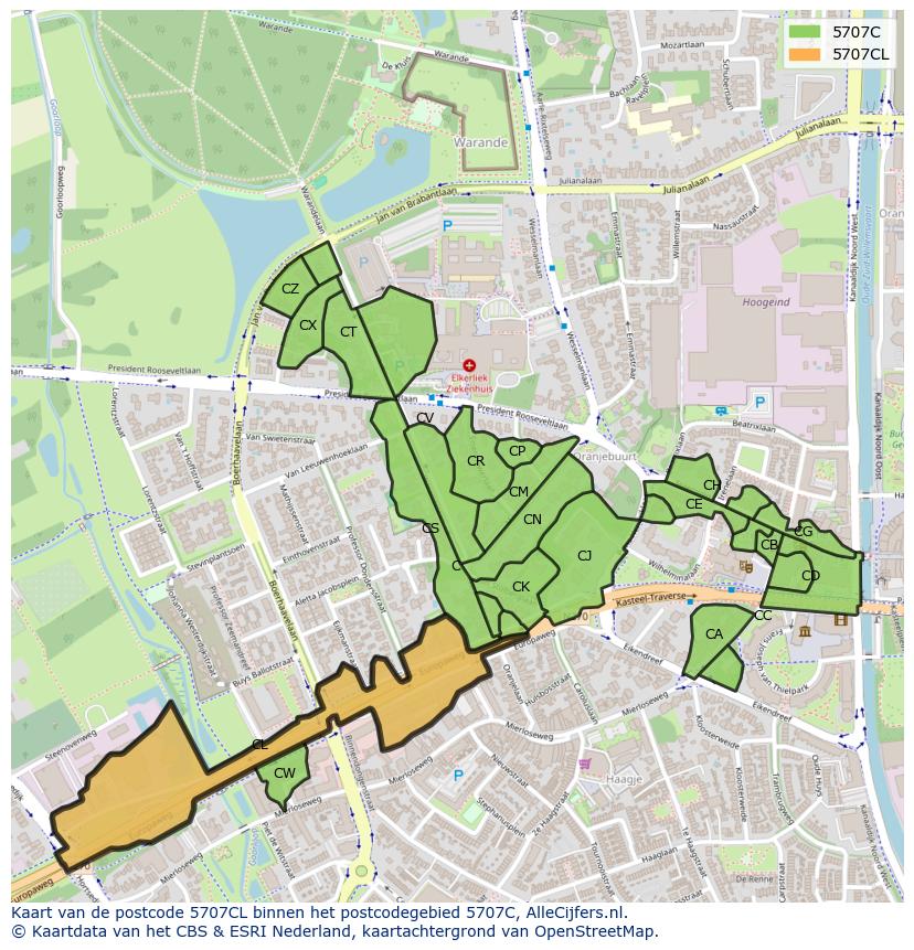 Afbeelding van het postcodegebied 5707 CL op de kaart.