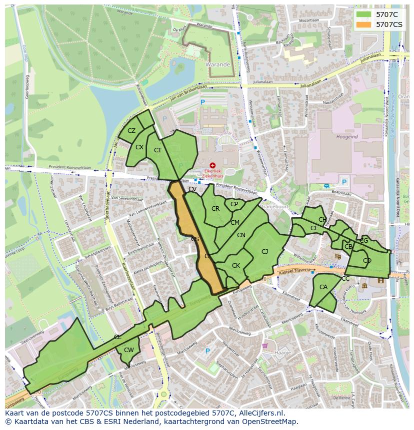 Afbeelding van het postcodegebied 5707 CS op de kaart.