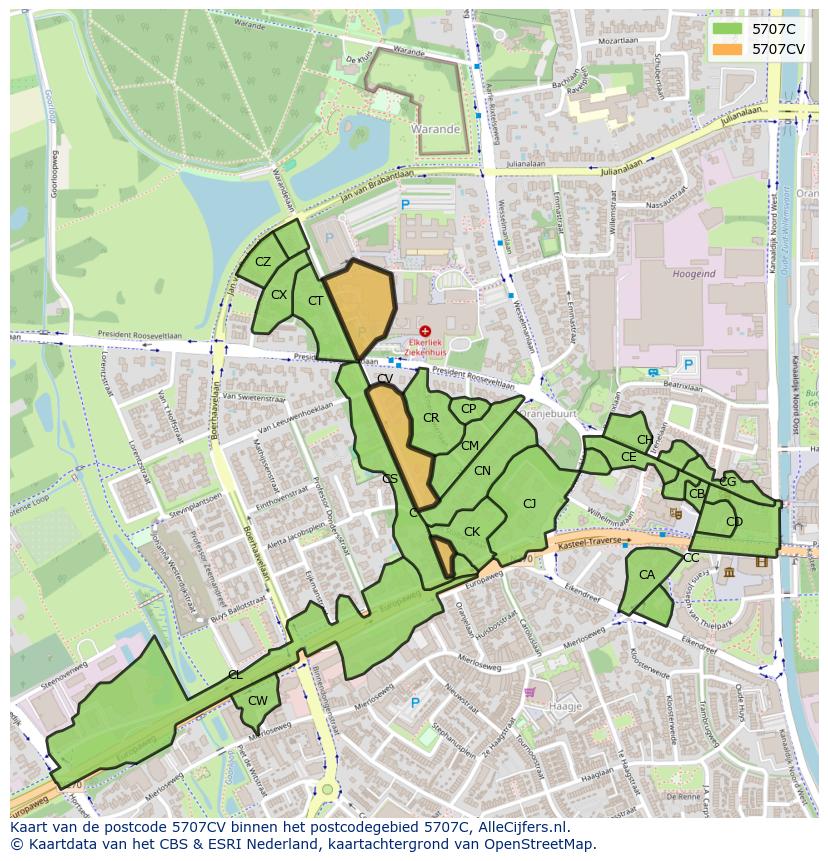 Afbeelding van het postcodegebied 5707 CV op de kaart.