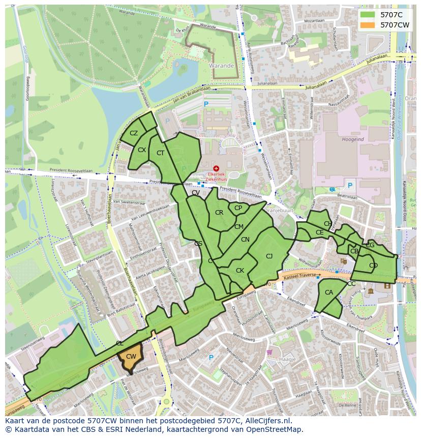 Afbeelding van het postcodegebied 5707 CW op de kaart.