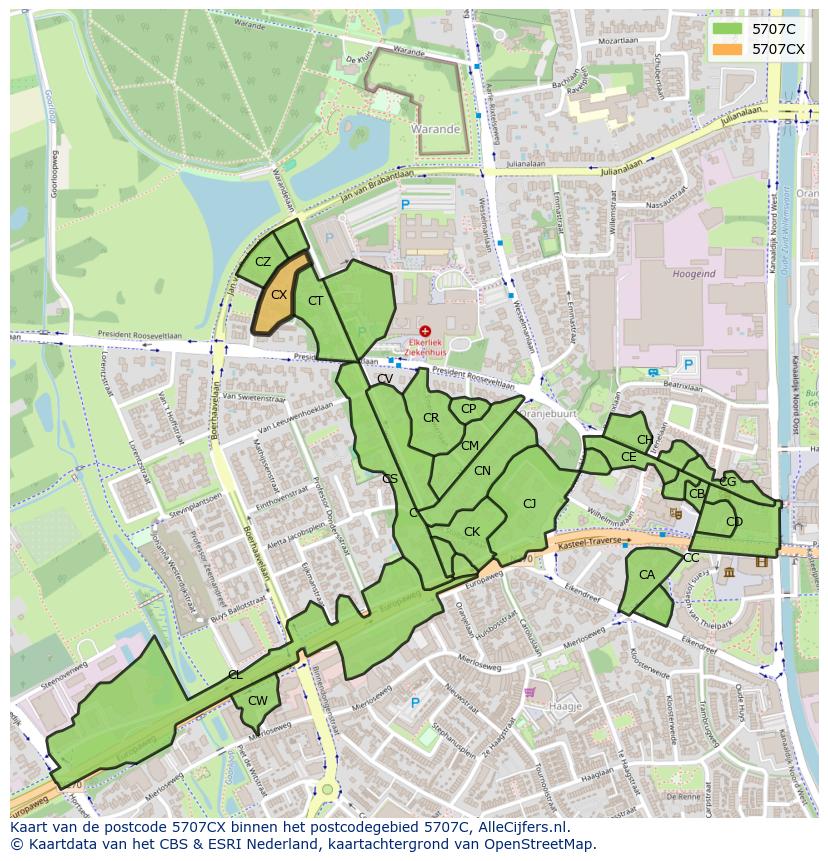 Afbeelding van het postcodegebied 5707 CX op de kaart.