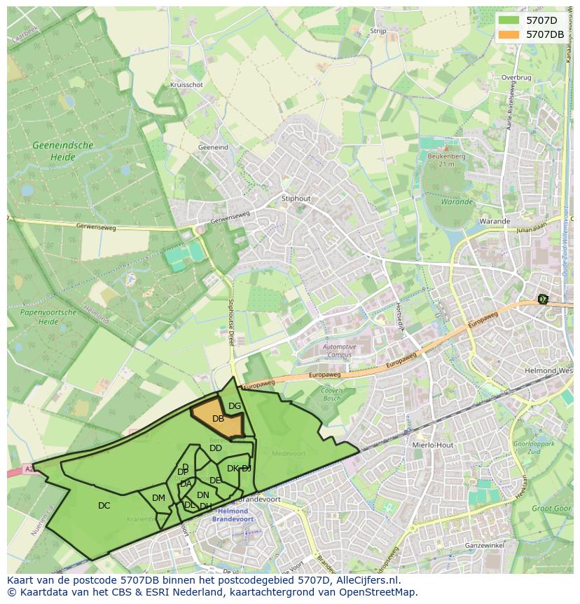 Afbeelding van het postcodegebied 5707 DB op de kaart.