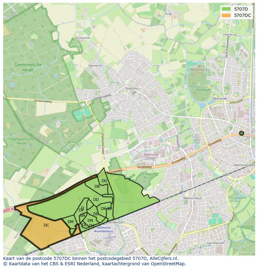 Afbeelding van het postcodegebied 5707 DC op de kaart.
