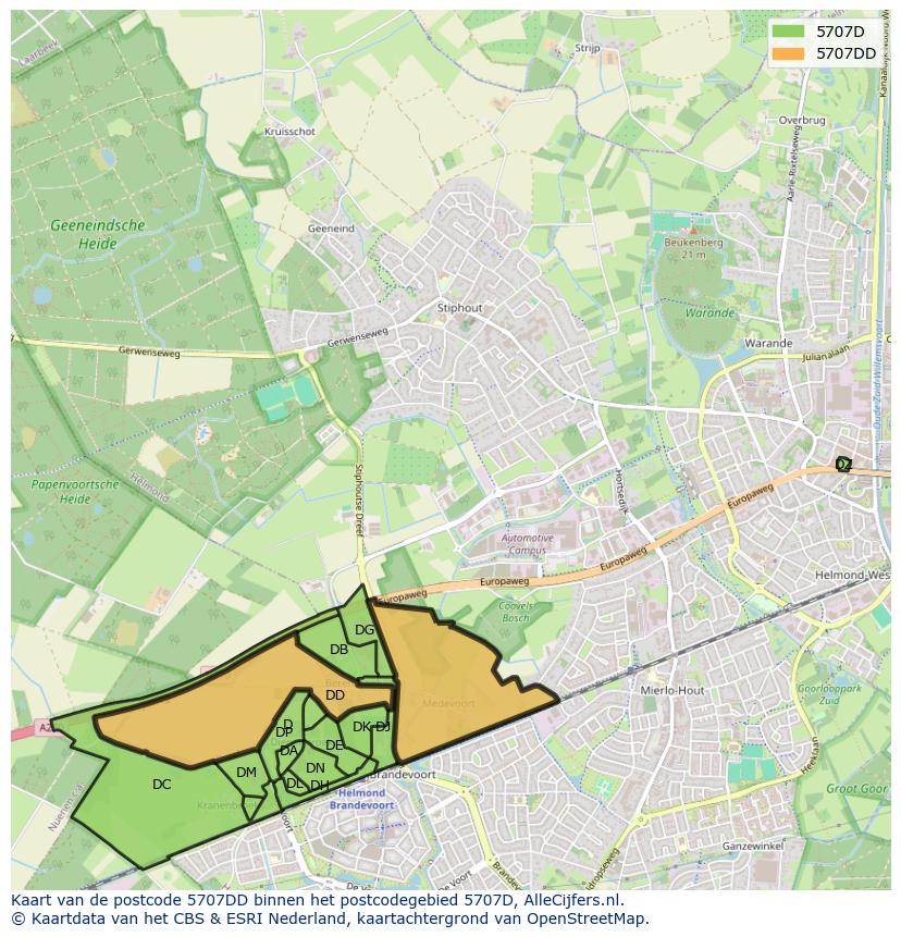 Afbeelding van het postcodegebied 5707 DD op de kaart.