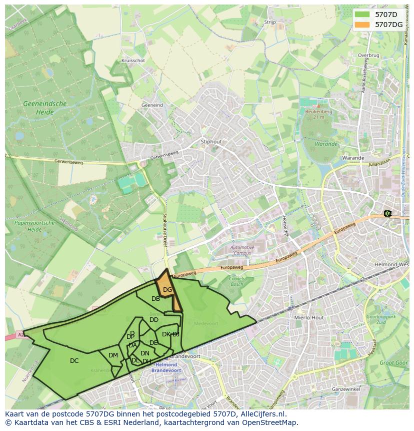 Afbeelding van het postcodegebied 5707 DG op de kaart.