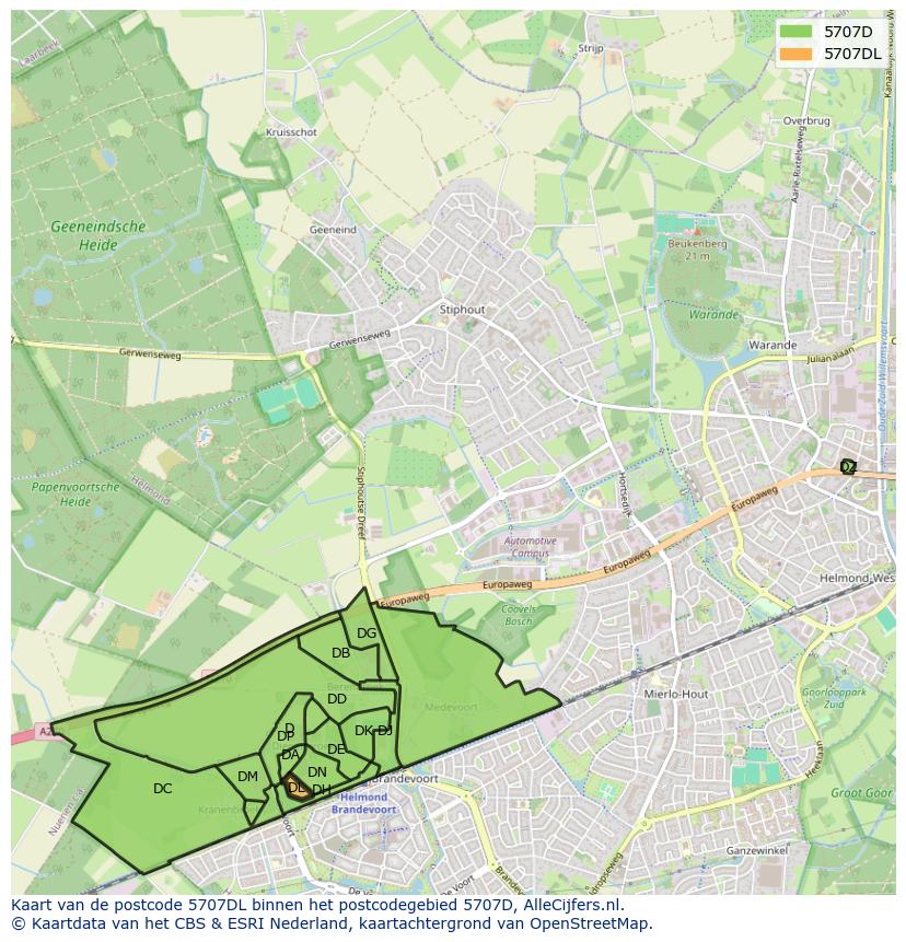 Afbeelding van het postcodegebied 5707 DL op de kaart.