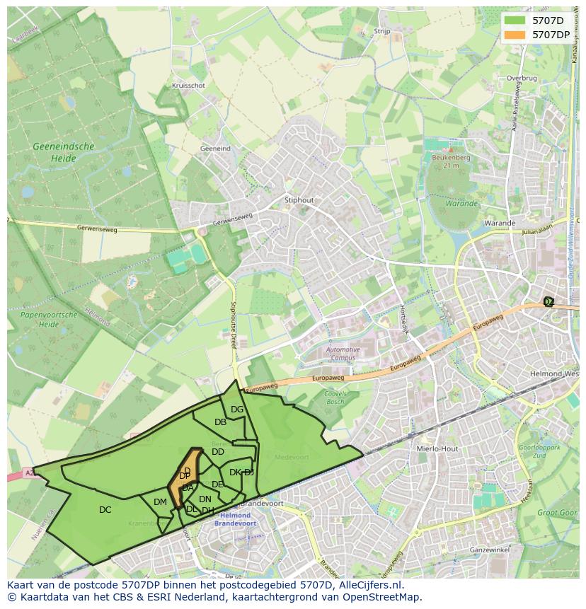 Afbeelding van het postcodegebied 5707 DP op de kaart.
