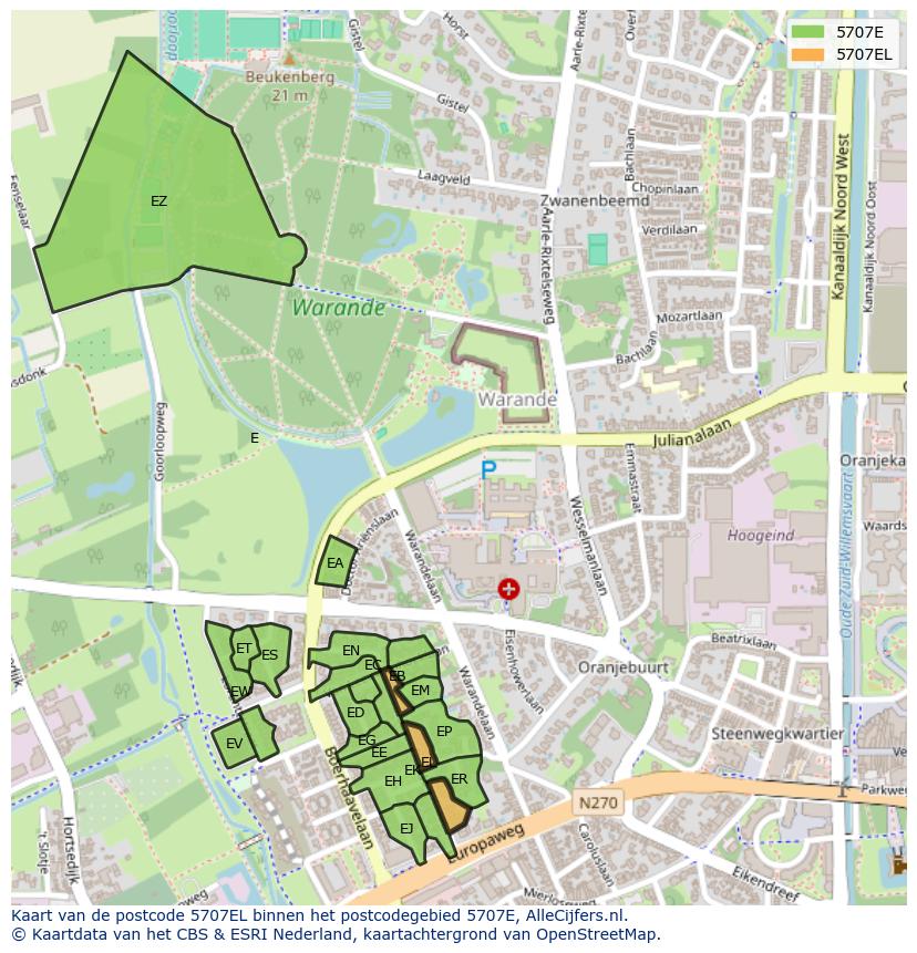 Afbeelding van het postcodegebied 5707 EL op de kaart.