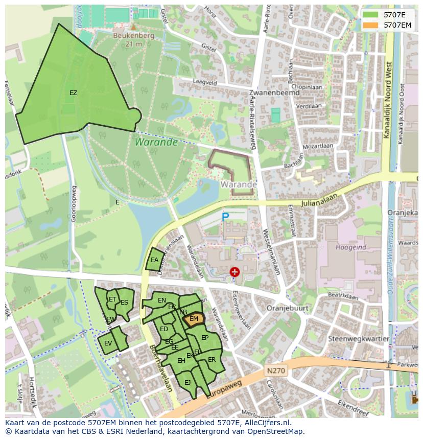 Afbeelding van het postcodegebied 5707 EM op de kaart.