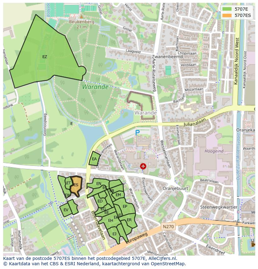 Afbeelding van het postcodegebied 5707 ES op de kaart.
