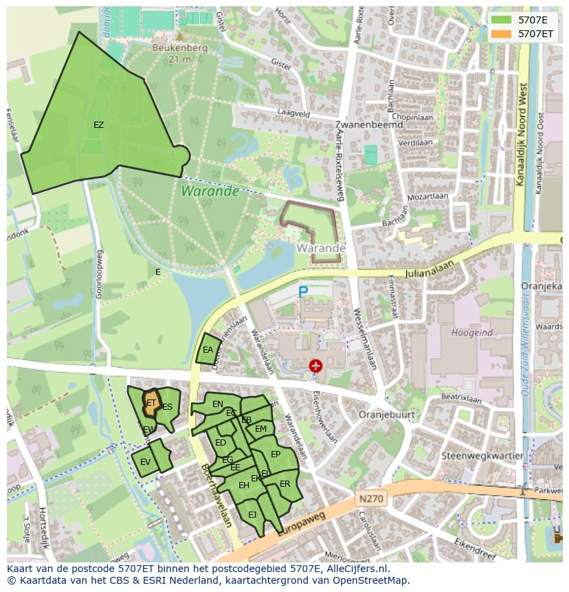 Afbeelding van het postcodegebied 5707 ET op de kaart.