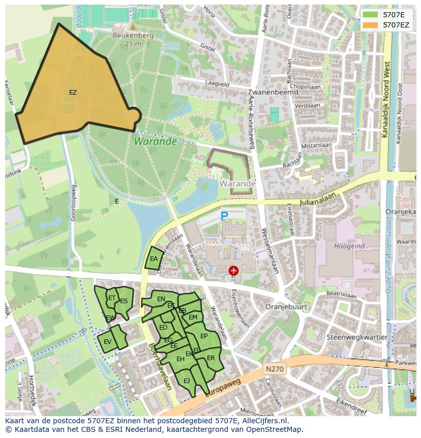 Afbeelding van het postcodegebied 5707 EZ op de kaart.