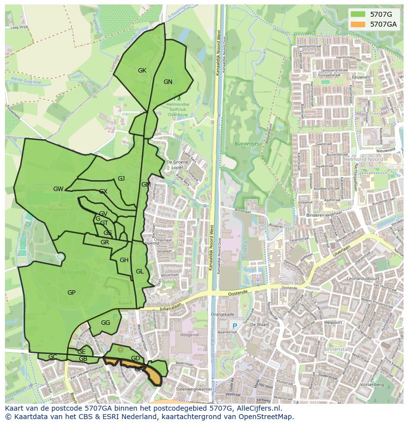 Afbeelding van het postcodegebied 5707 GA op de kaart.