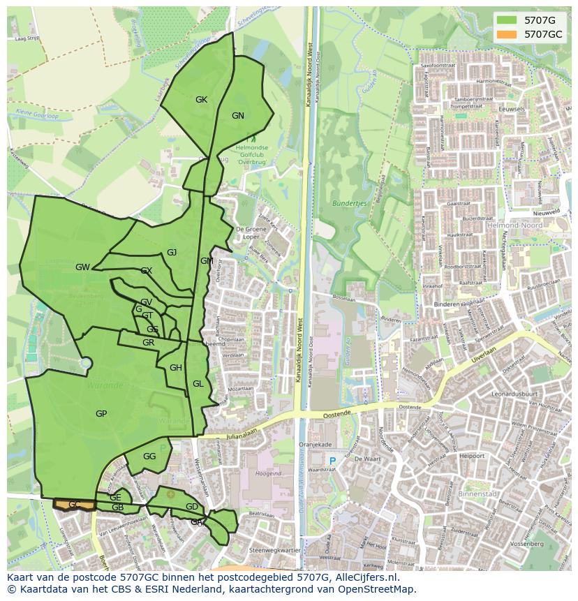 Afbeelding van het postcodegebied 5707 GC op de kaart.