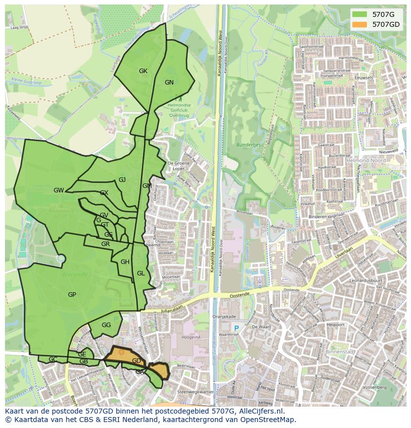 Afbeelding van het postcodegebied 5707 GD op de kaart.